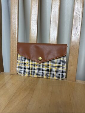 Ipsy Women's Plaid Clutch makeup bag with Brown Faux Leather Flap